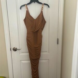 Elegant Tan Draped Women's Dress